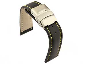 Genuine Leather Watch Strap Band Canyon Deployment Clasp Black/Yellow 26mm