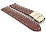 Genuine Leather Watch Band Croco Deployment Clasp Dark Brown / White 22mm
