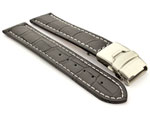Genuine Leather Watch Band Croco Deployment Clasp Black / White 22mm