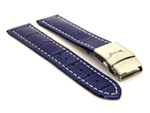 Genuine Leather Watch Strap Croco Deployment Clasp Blue / White 24mm