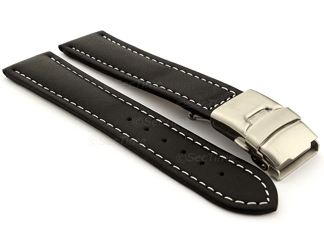 (image for) Genuine Leather Watch Strap Band Canyon Deployment Clasp Black/White 18mm