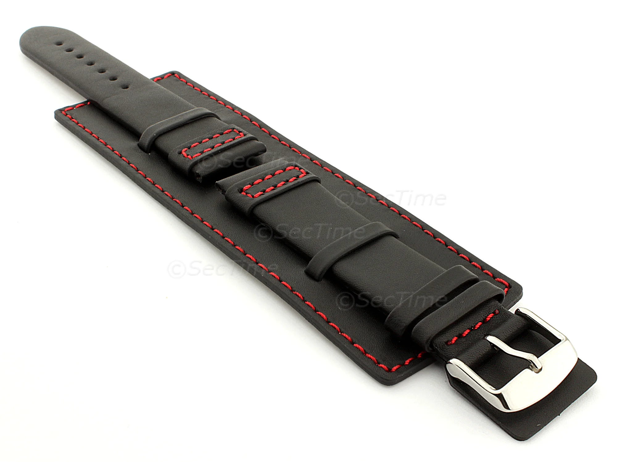 (image for) Leather Watch Strap with Wrist Cuff - Solar Black / Red 22mm