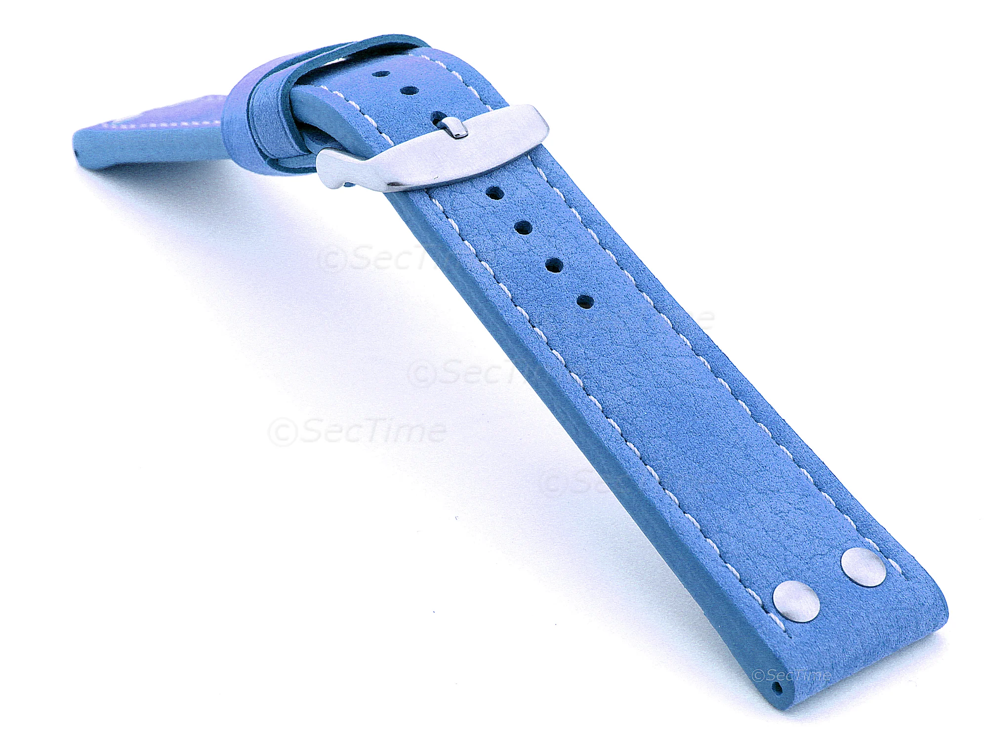 (image for) Riveted Suede Leather Watch Strap in Aviator Style Light Blue 20mm (1)