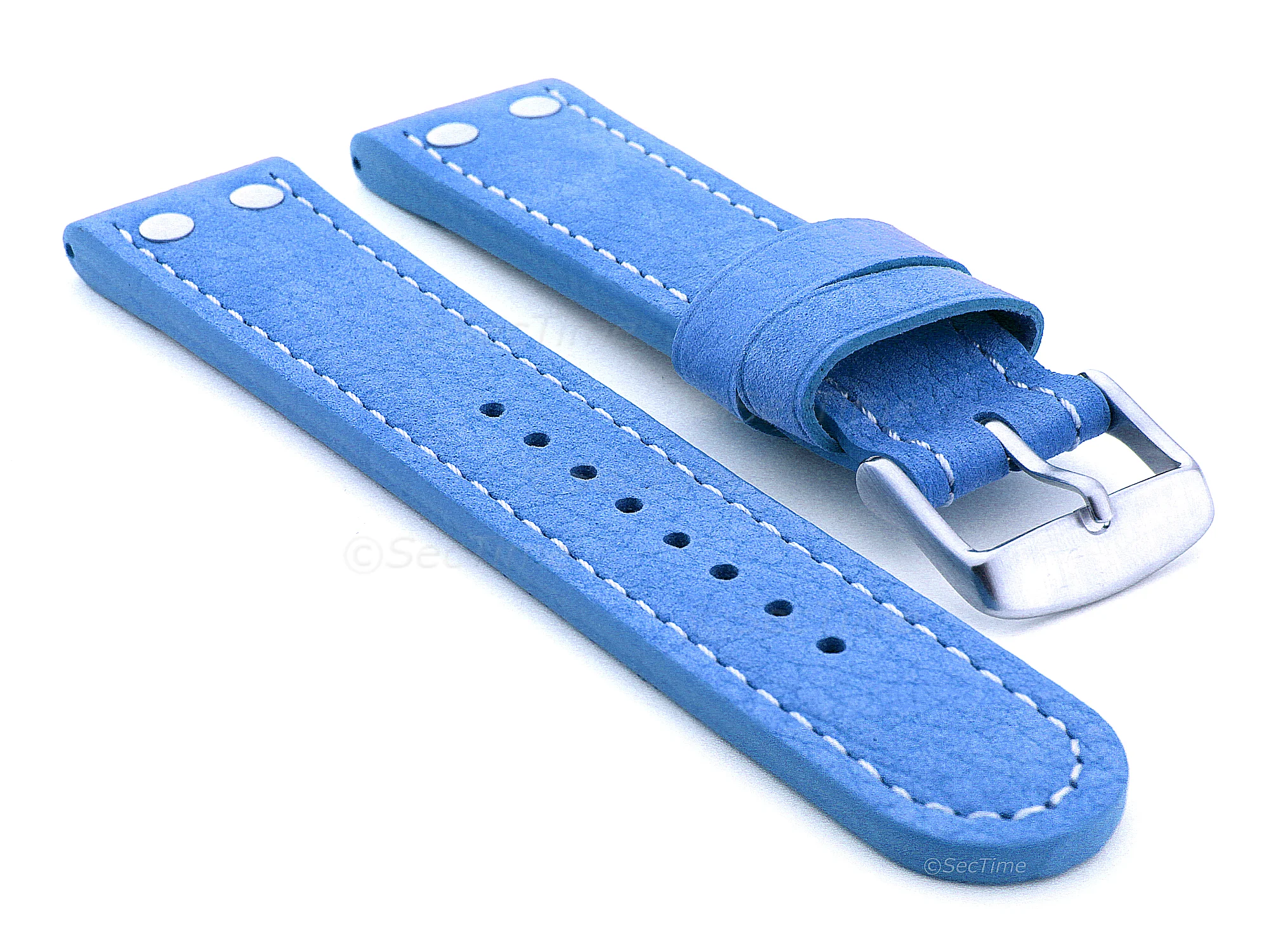 (image for) Riveted Suede Leather Watch Strap in Aviator Style Light Blue 20mm