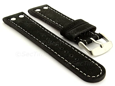 (image for) Riveted Suede Leather Watch Strap in Aviator Style Black 24mm
