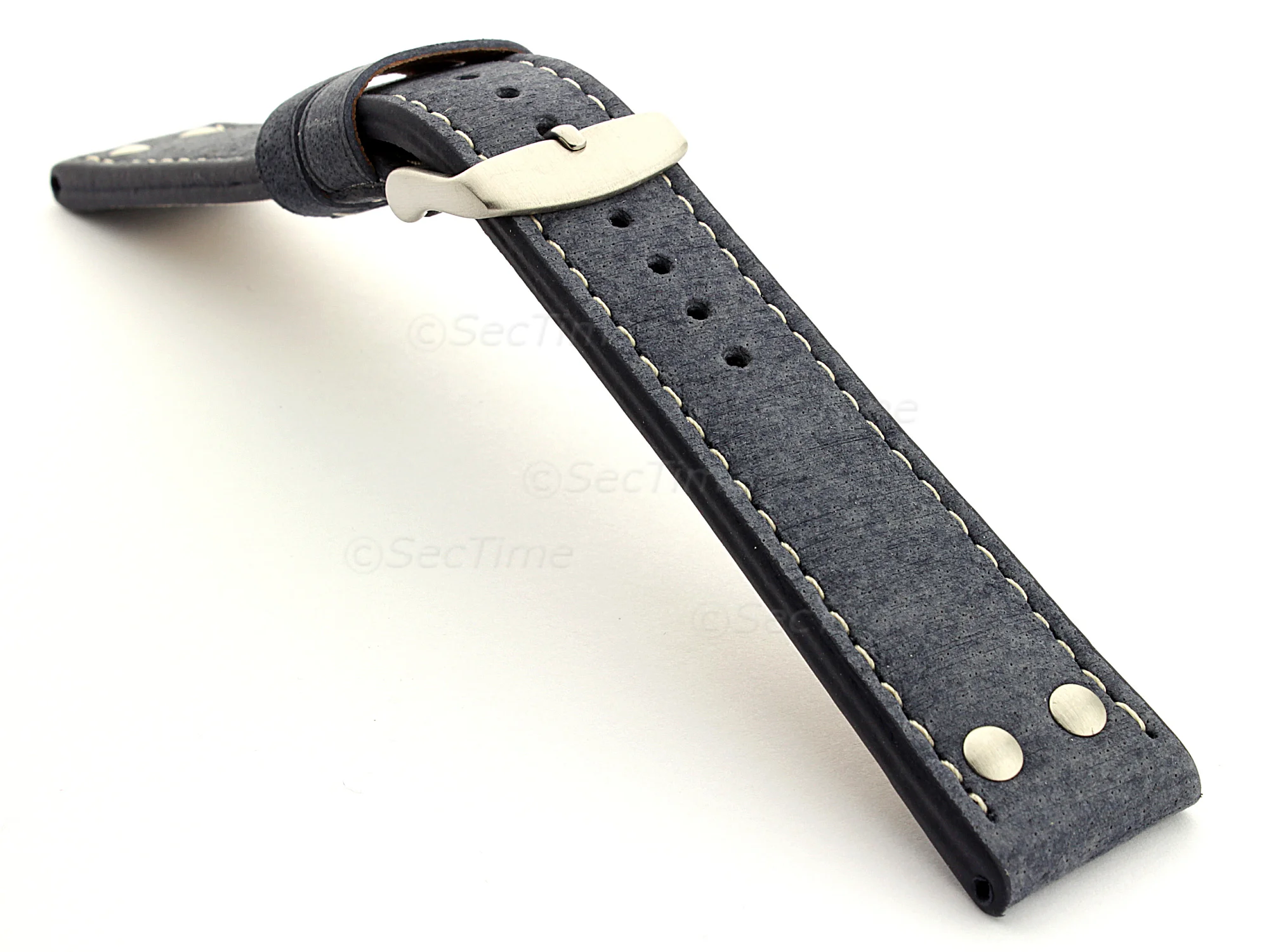 (image for) Riveted Suede Leather Watch Strap in Aviator Style Blue 20mm (1)
