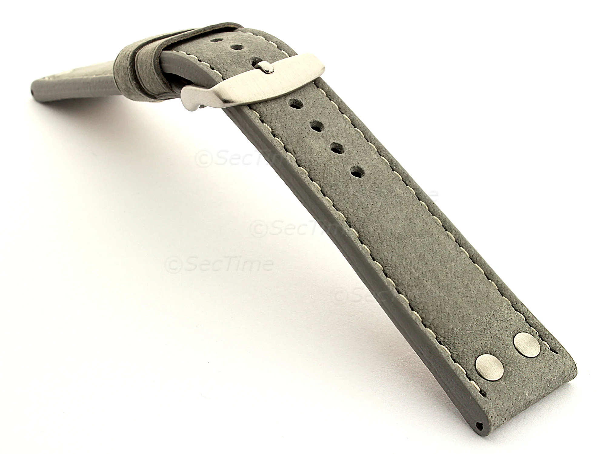 (image for) Riveted Suede Leather Watch Strap in Aviator Style Grey 20mm (1)