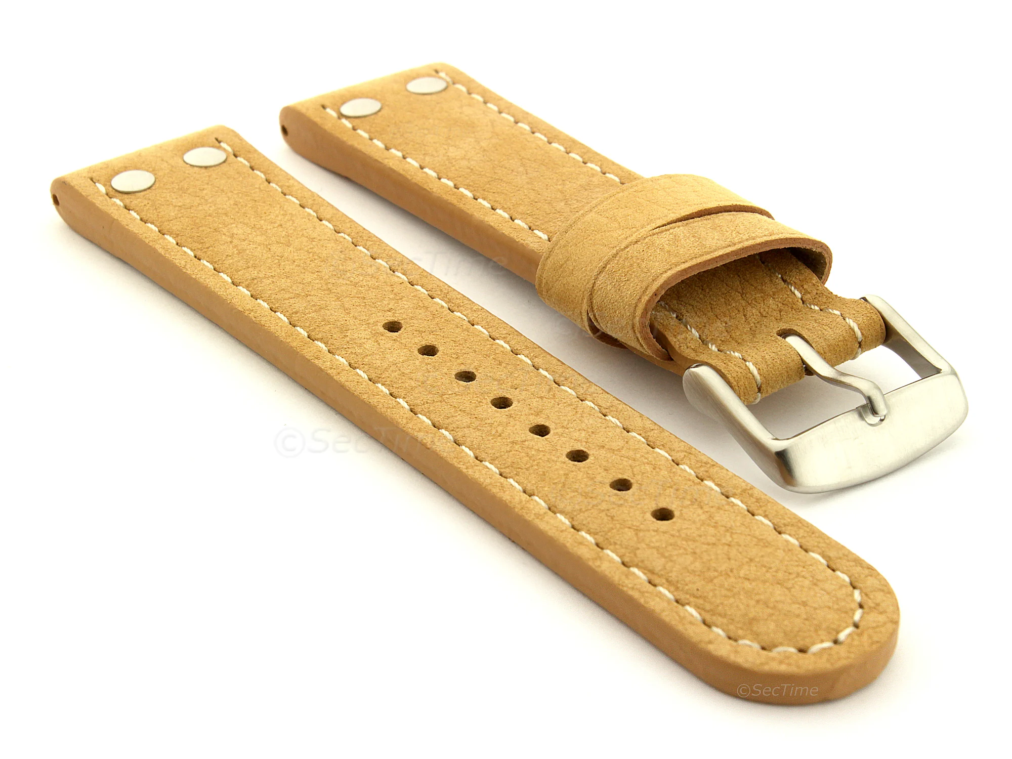 (image for) Riveted Suede Leather Watch Strap in Aviator Style Light Brown 20mm