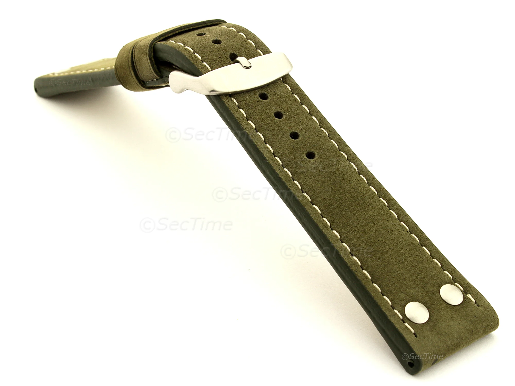 (image for) Riveted Suede Leather Watch Strap in Aviator Style Olive Green 20mm (1)