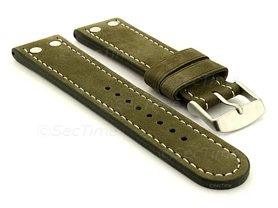 (image for) Riveted Suede Leather Watch Strap in Aviator Style Olive Green 22mm