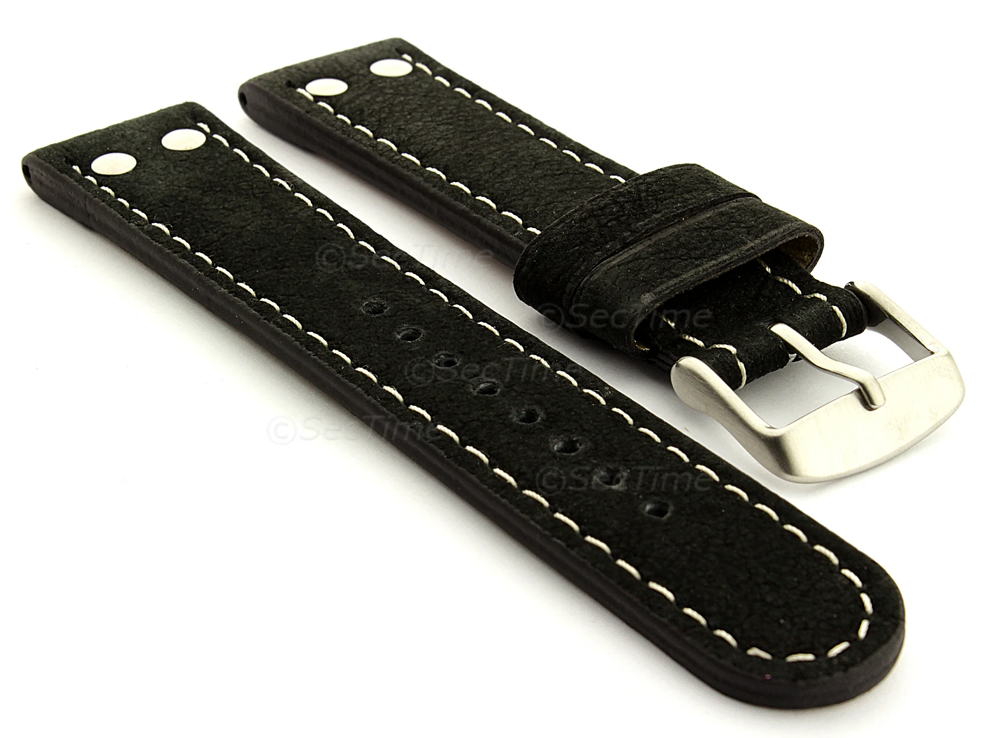 (image for) Extra Short Genuine Leather Watch Strap Band in Aviator Style Black 20mm