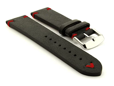 (image for) Extra long Leather Vintage Style Watch Strap Blacksmith Black/Red 22mm