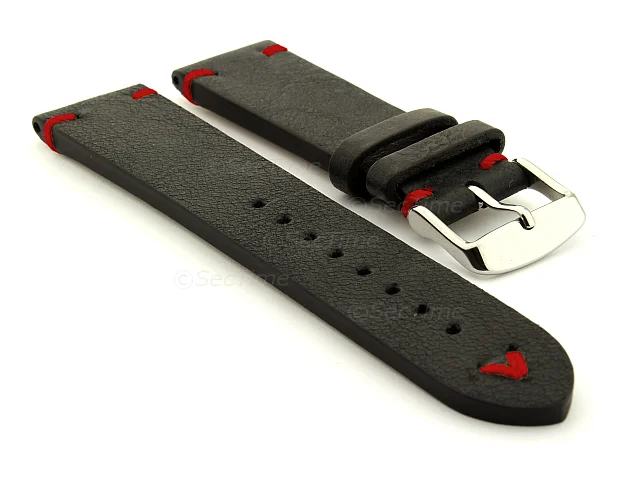 (image for) Extra long Leather Vintage Style Watch Strap Blacksmith Black/Red 20mm