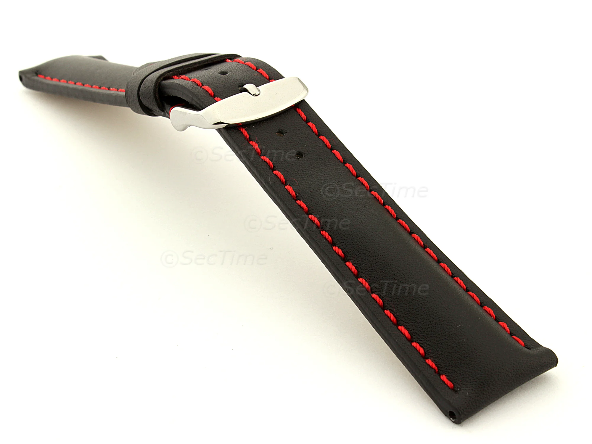 (image for) Padded Watch Strap Band CANYON Genuine Leather Black/Red 22mm (1)