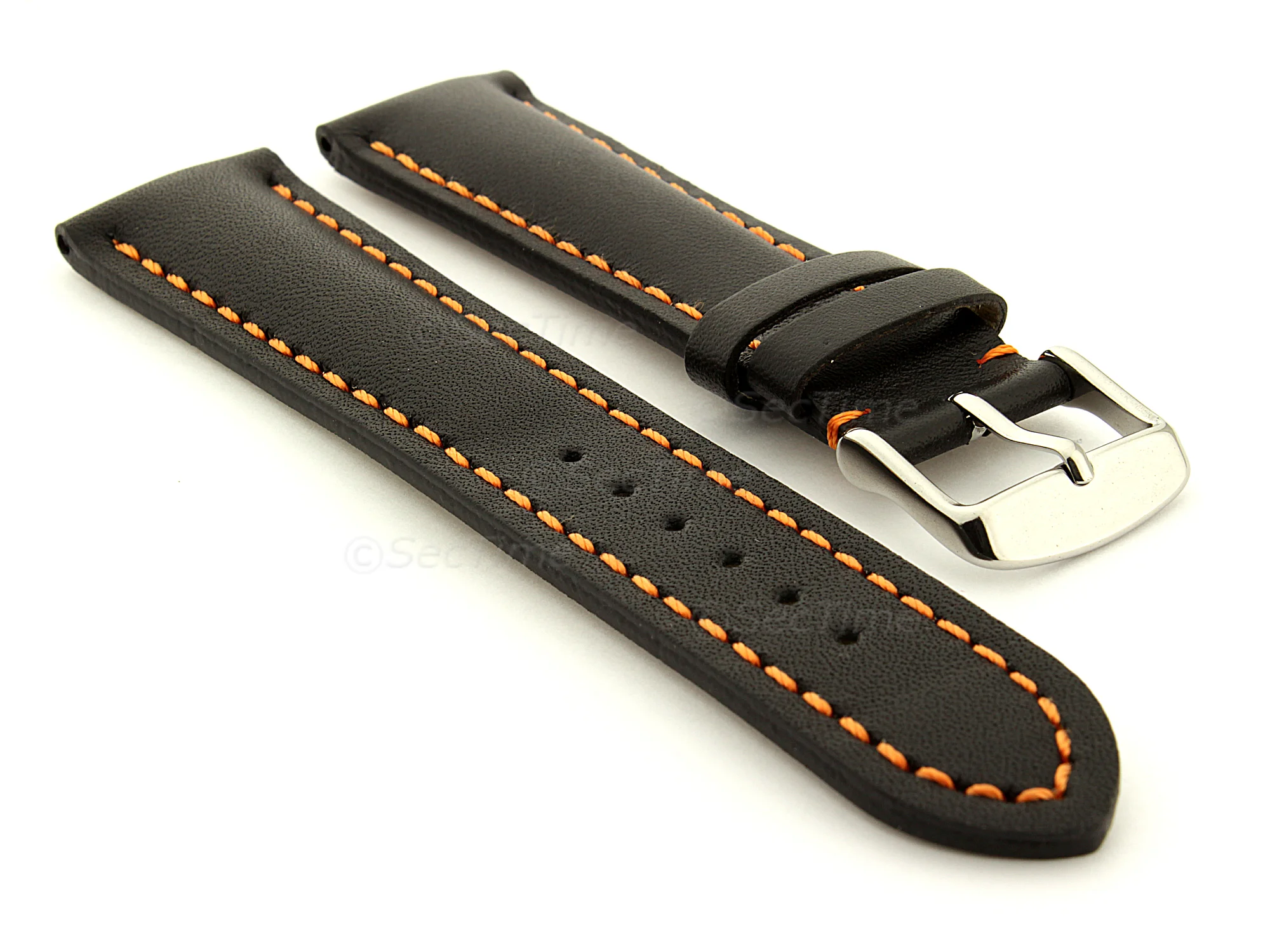 (image for) Padded Watch Strap Band CANYON Genuine Leather Black/Orange 22mm
