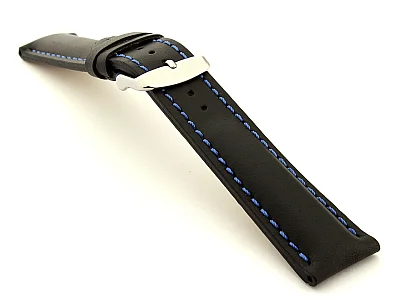 (image for) Padded Watch Strap Band CANYON Genuine Leather Black/Blue 18mm (1)