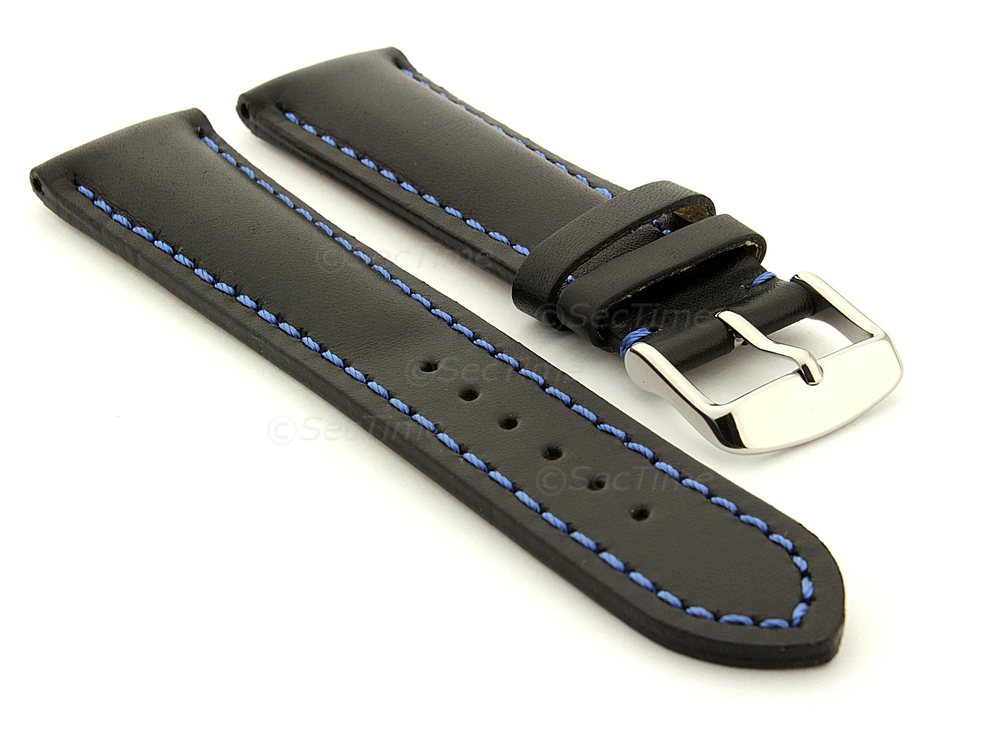 (image for) Padded Watch Strap Band CANYON Genuine Leather Black/Blue 18mm