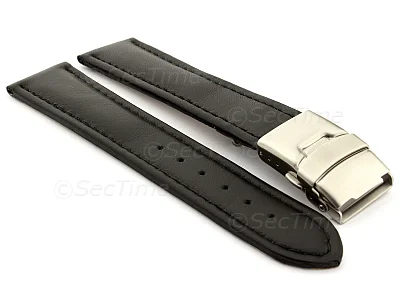 (image for) Genuine Leather Watch Strap Band Canyon Deployment Clasp Black/Black 24mm