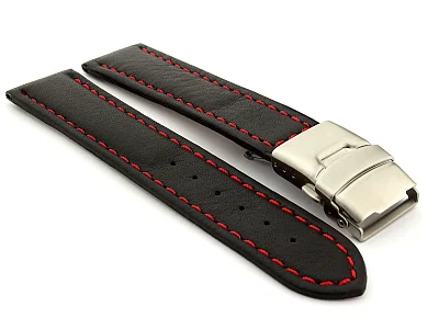 (image for) Genuine Leather Watch Strap Band Canyon Deployment Clasp Black/Red 20mm