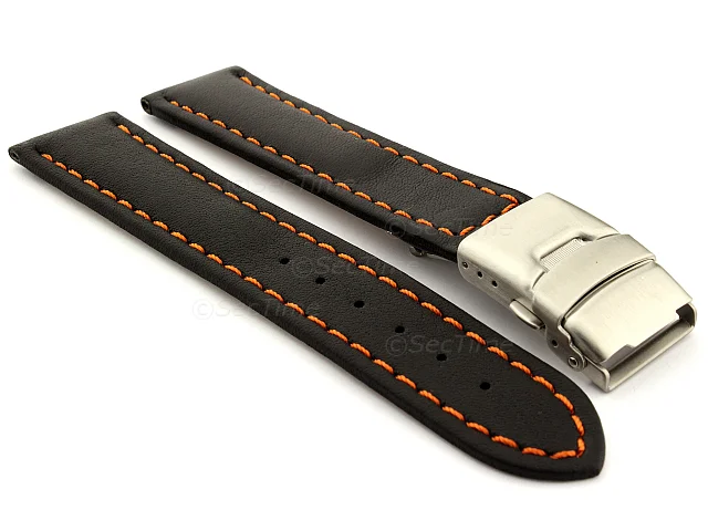 (image for) Genuine Leather Watch Strap Band Canyon Deployment Clasp Black/Orange 20mm
