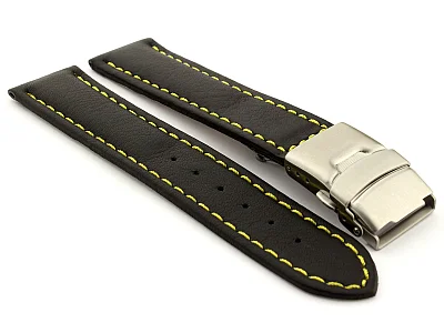 (image for) Genuine Leather Watch Strap Band Canyon Deployment Clasp Black/Yellow 18mm