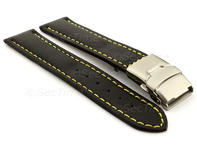(image for) Genuine Leather Watch Strap Band Canyon Deployment Clasp Black/Yellow 24mm