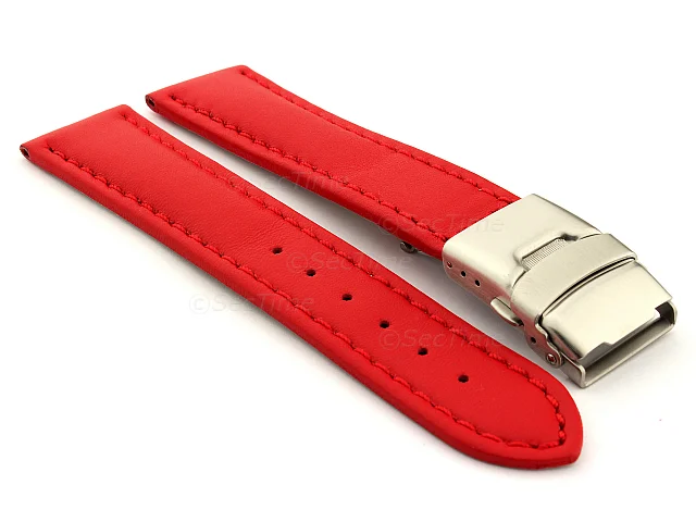 (image for) Genuine Leather Watch Strap Band Canyon Deployment Clasp Red/Red 20mm