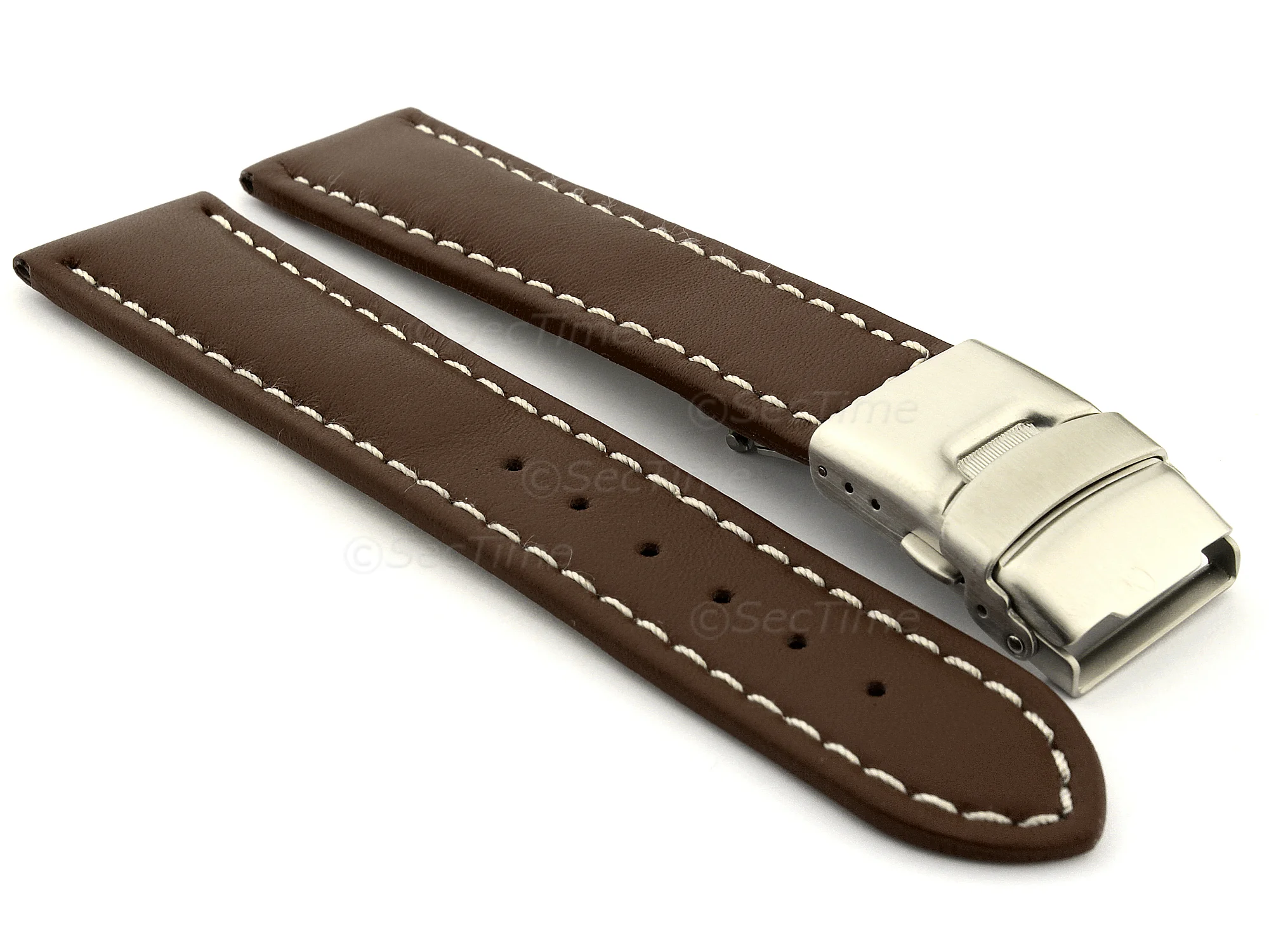 (image for) Genuine Leather Watch Strap Band Canyon Deployment Clasp Dark Brown/White 20mm