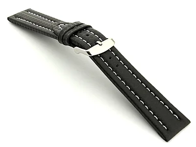 (image for) CARBON FIBRE EFFECT LEATHER WATCH STRAP WATERPROOF Black/White 22mm (1)