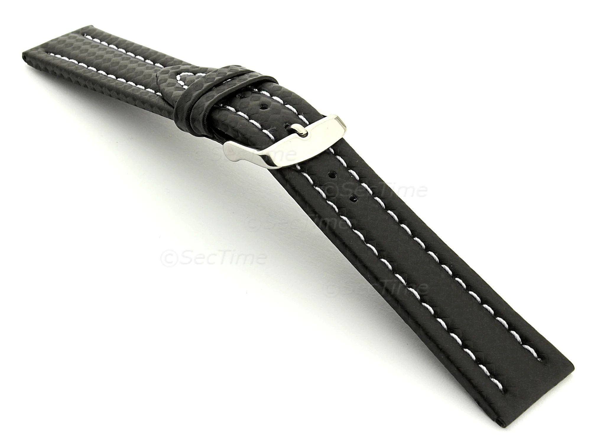 (image for) CARBON FIBRE EFFECT LEATHER WATCH STRAP WATERPROOF Black/White 22mm (1)