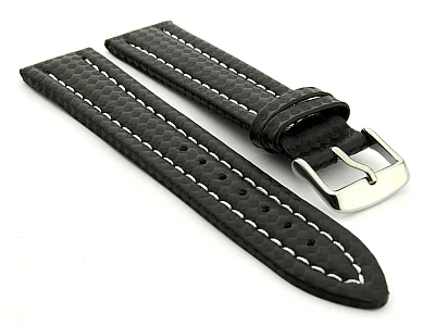 (image for) CARBON FIBRE EFFECT LEATHER WATCH STRAP WATERPROOF Black/White 22mm