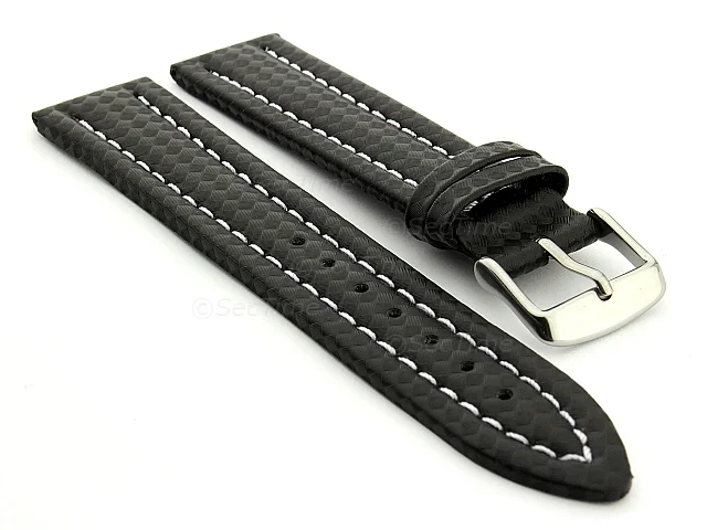 (image for) CARBON FIBRE EFFECT LEATHER WATCH STRAP WATERPROOF Black/White 22mm