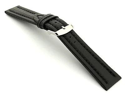 (image for) CARBON FIBRE EFFECT LEATHER WATCH STRAP WATERPROOF Black/Black 20mm (1)