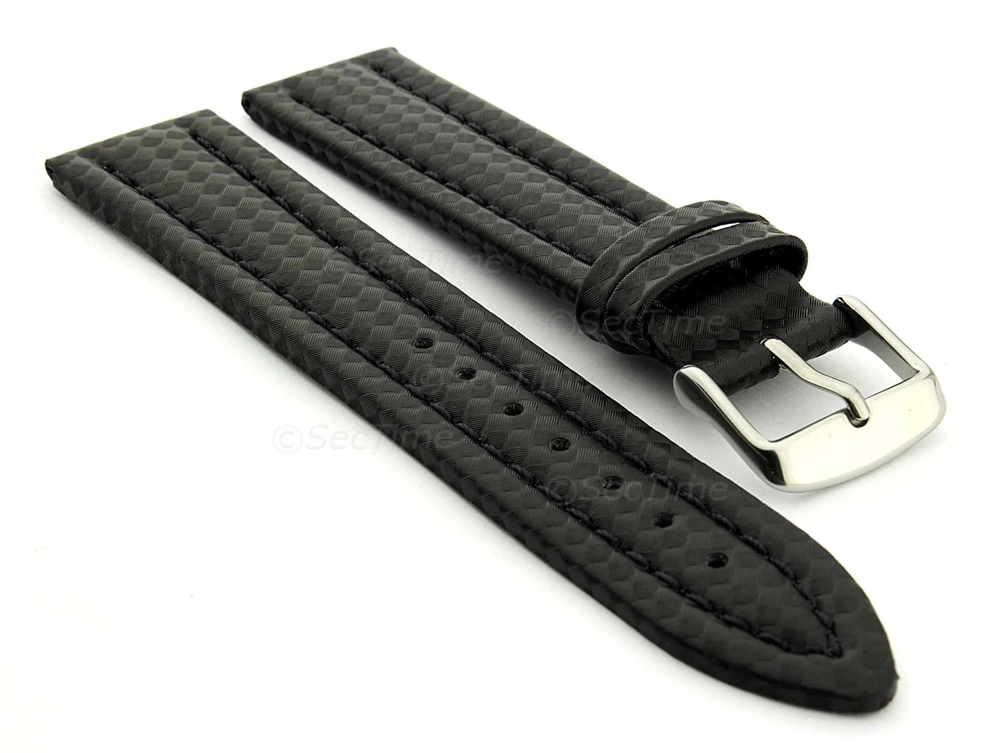(image for) CARBON FIBRE EFFECT LEATHER WATCH STRAP WATERPROOF Black/Black 20mm