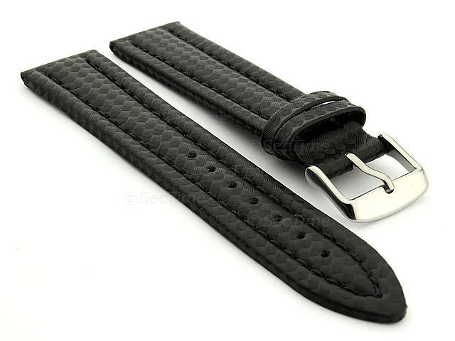 (image for) CARBON FIBRE EFFECT LEATHER WATCH STRAP WATERPROOF Black/Black 20mm