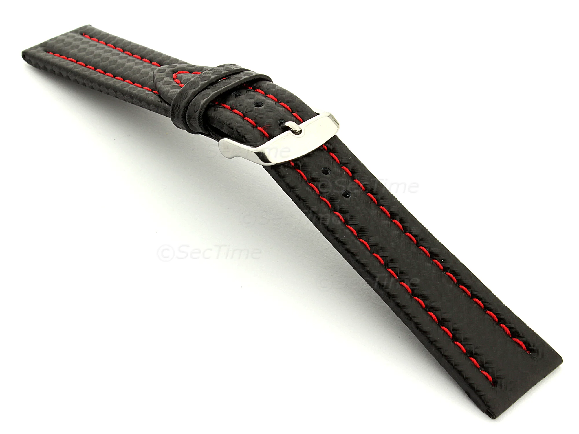 (image for) CARBON FIBRE EFFECT LEATHER WATCH STRAP WATERPROOF Black/Red 18mm (1)