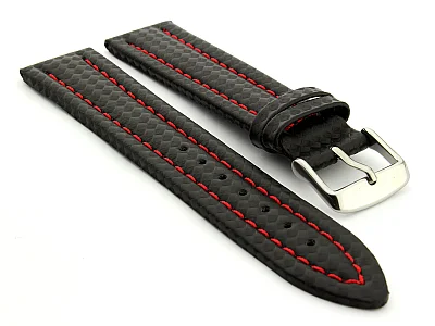 (image for) CARBON FIBRE EFFECT LEATHER WATCH STRAP WATERPROOF Black/Red 18mm