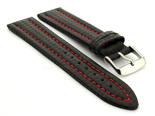 (image for) CARBON FIBRE EFFECT LEATHER WATCH STRAP WATERPROOF Black/Red 18mm
