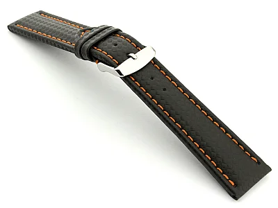 (image for) CARBON FIBRE EFFECT LEATHER WATCH STRAP WATERPROOF Black/Orange 22mm (1)