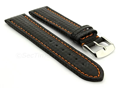 (image for) CARBON FIBRE EFFECT LEATHER WATCH STRAP WATERPROOF Black/Orange 20mm