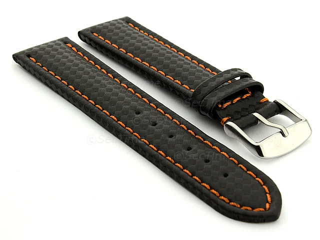 (image for) CARBON FIBRE EFFECT LEATHER WATCH STRAP WATERPROOF Black/Orange 22mm