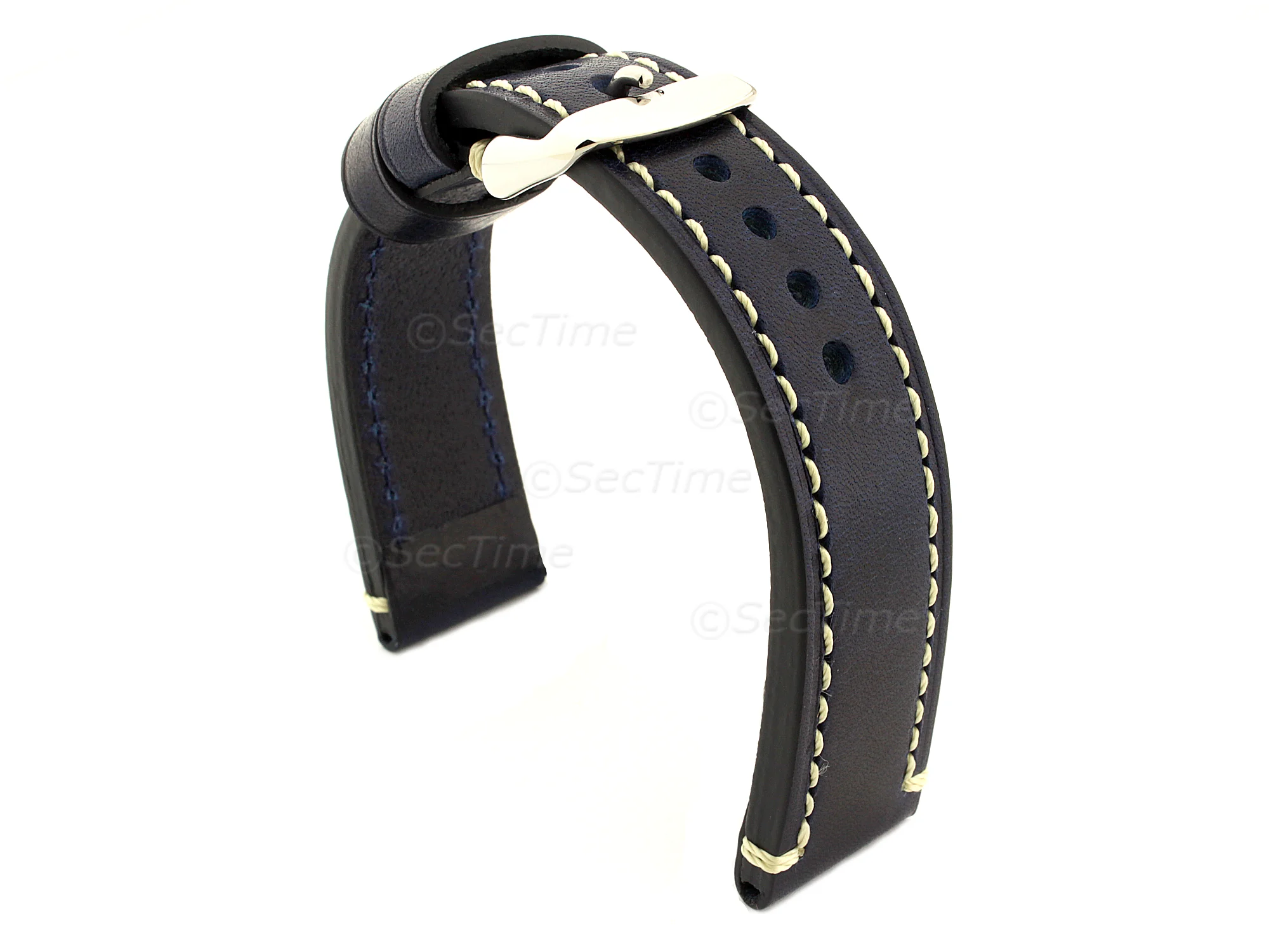 (image for) Genuine Leather WATCH STRAP Catalonia WAXED LINING Navy Blue/White 18mm (1)