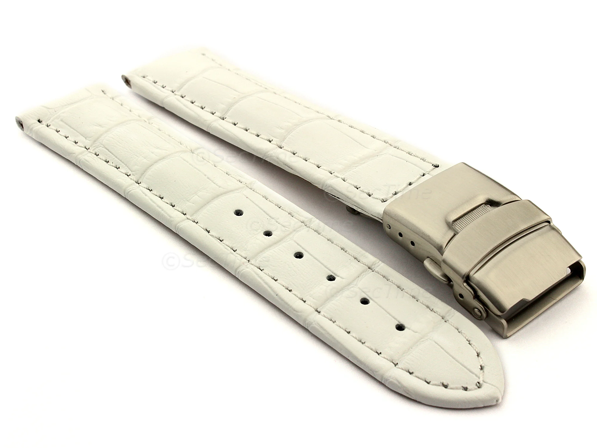 (image for) Genuine Leather Watch Strap Band Croco Deployment Clasp White / White 18mm