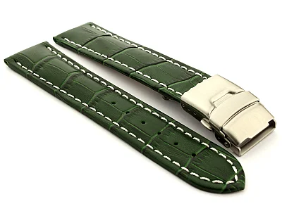 (image for) Genuine Leather Watch Strap Band Croco Deployment Clasp Green/White 18mm