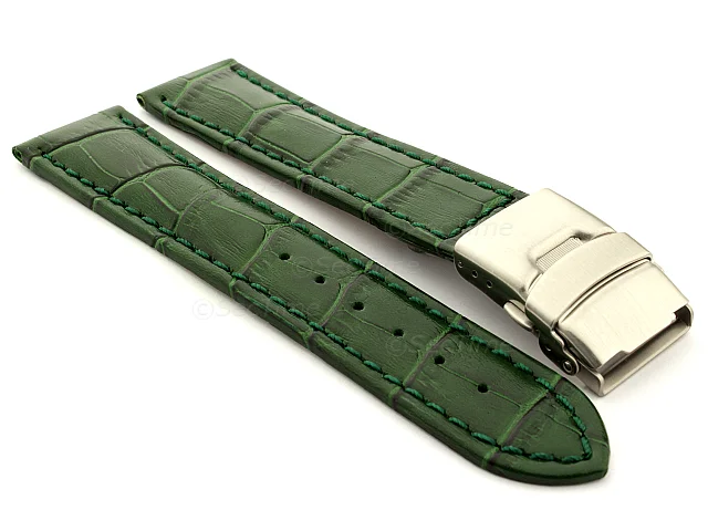 (image for) Genuine Leather Watch Strap Band Croco Deployment Clasp Green/Green 18mm