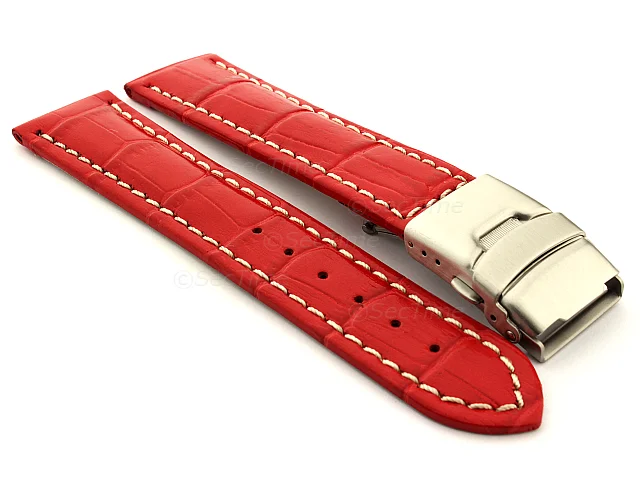 (image for) Genuine Leather Watch Band Croco Deployment Clasp Glossy Red / White 26mm