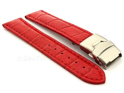 (image for) Genuine Leather Watch Strap Band Croco Deployment Clasp Glossy Red / Red 18mm