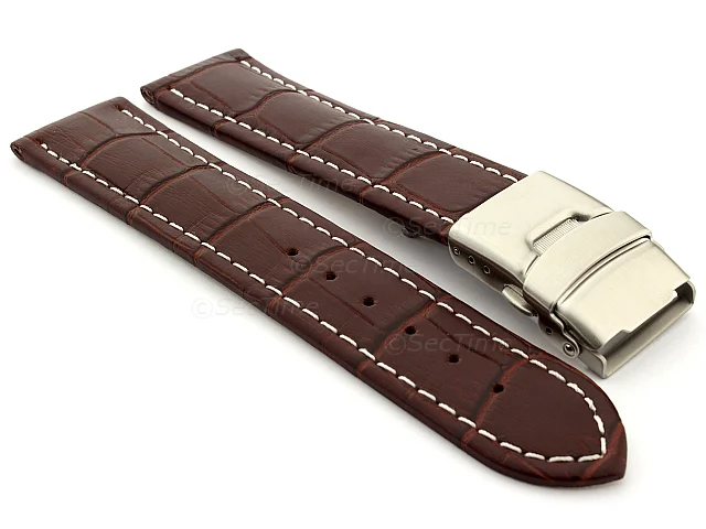 (image for) Genuine Leather Watch Strap Croco Deployment Clasp Dark Brown / White 20mm