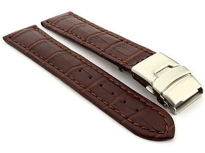(image for) Genuine Leather Watch Band Croco Deployment Clasp Dark Brown / Brown 26mm