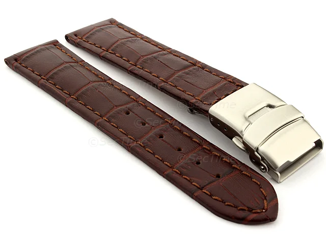 (image for) Genuine Leather Watch Strap Band Croco Deployment Clasp Dark Brown / Brown 18mm